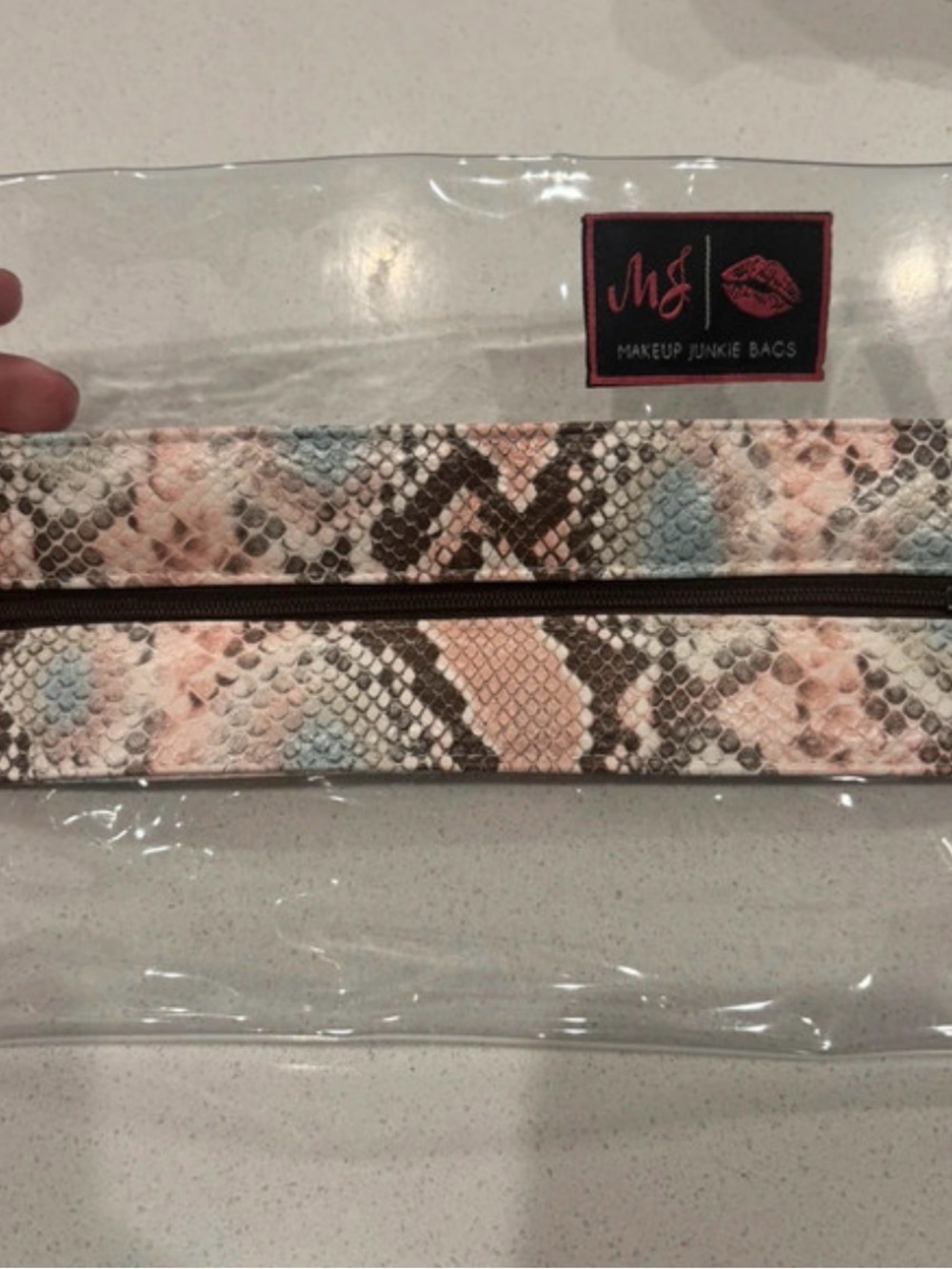 Makeup Junkie Bags Clear Cosmetic Pouch with Pink Snake-Print Trim